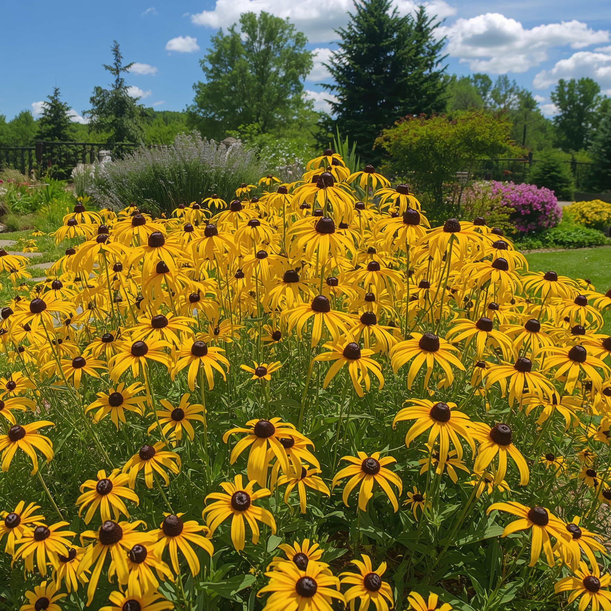 Golden yellow Black-Eyed Susan flowers in a garden